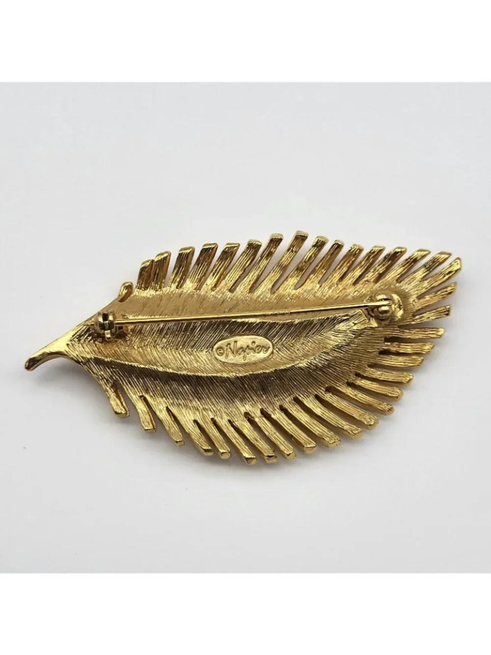 Vintage Signed Napier Brooch Leaf Feather Faux Pearls Goldtone elegant bridal